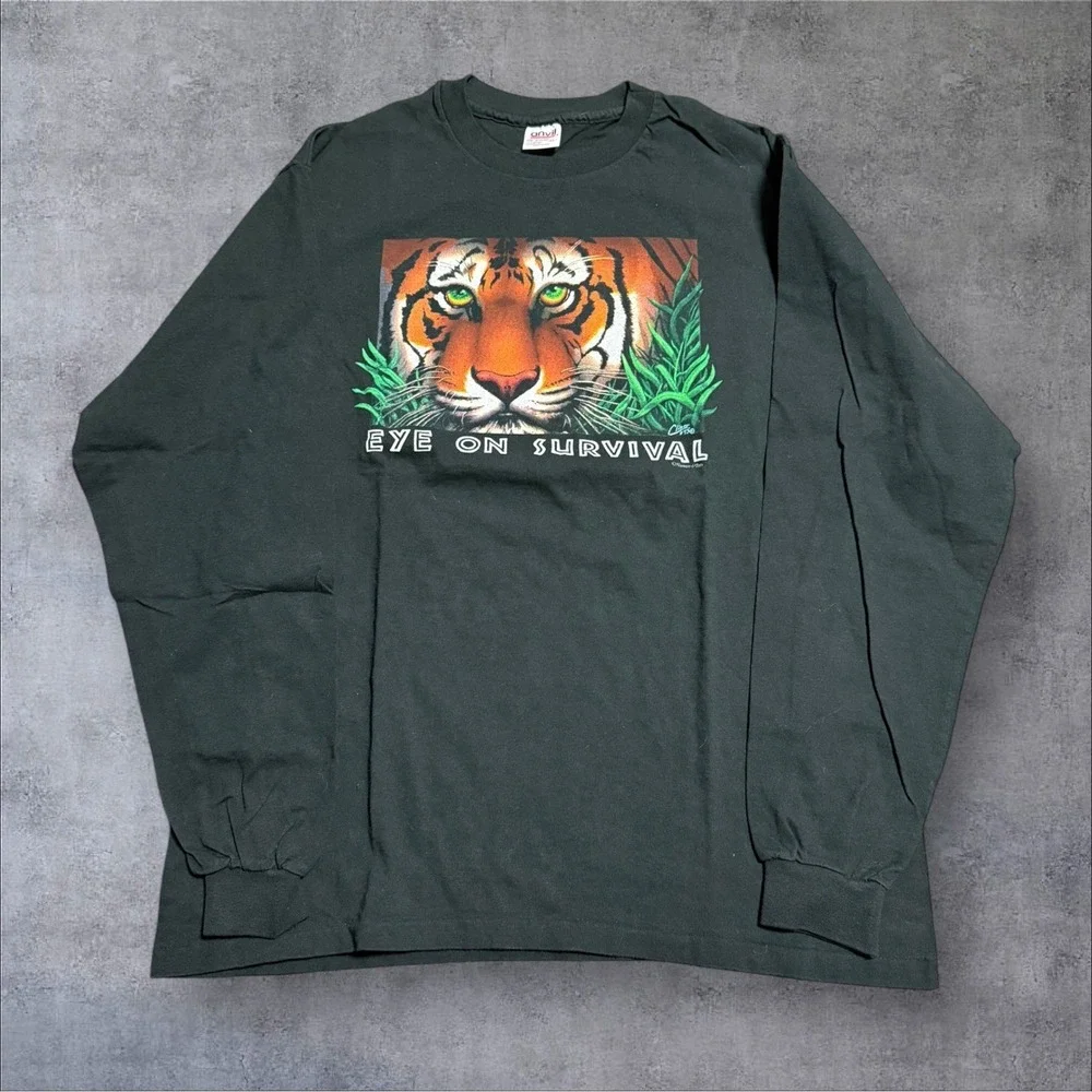 Vintage 90s Human-i-Tees Eye on Survival Tiger Graphic‎ T-Shirt Men's XL USA